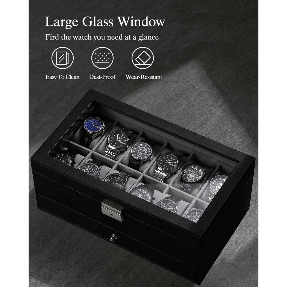 Watch Box 12 Slot Watch Display Organizer Leather Jewelry Case Drawer Glass Birt - Picture 4 of 8